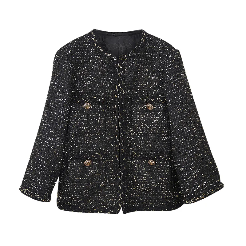 Veste classique en Tweed Lurex à manches longues et col rond, avec garniture contrastée noire, manteau court et ample, vêtements d'extérieur, automne 2022, A2N086457