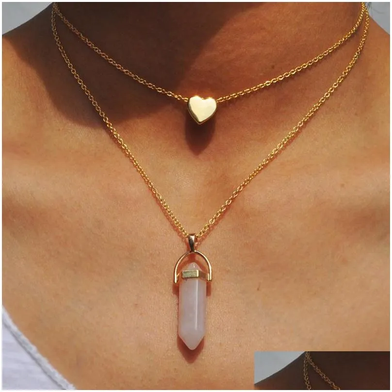 Подвесные ожерелья натуральные камни для сердечного ожерелья модные хрустальные кварцевые чакры шестиугольная призма