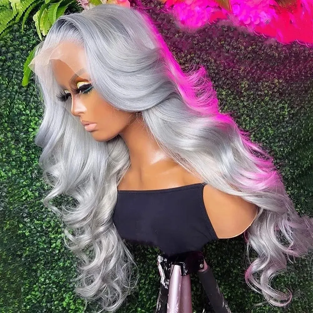 30Inch HD Transparent Lace Frontal Wig Brazilian Body Wave Silver Grey Lace Front Colored Wigs Synthetic For Women Despacito