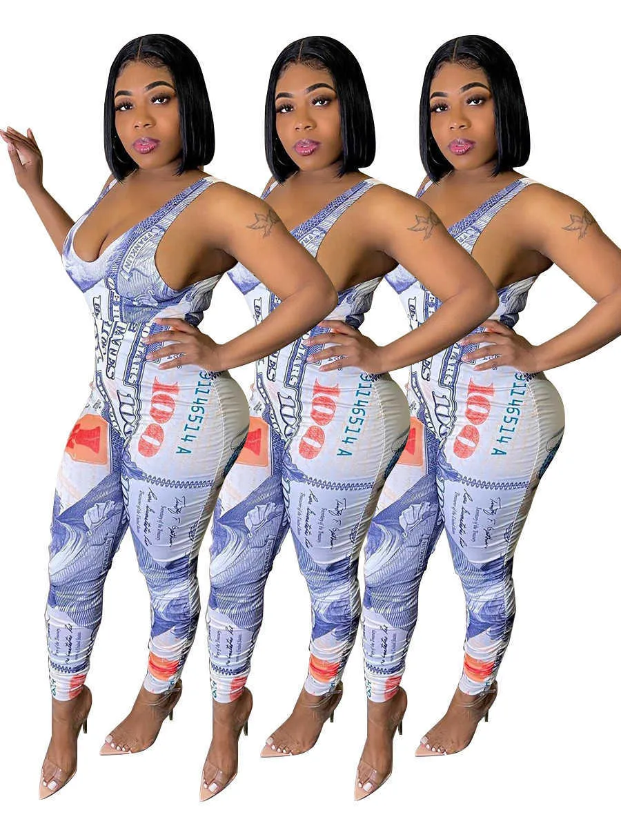 Sexy Money Printed Sets Women Sleeveless Bodysuit And Pants Suits