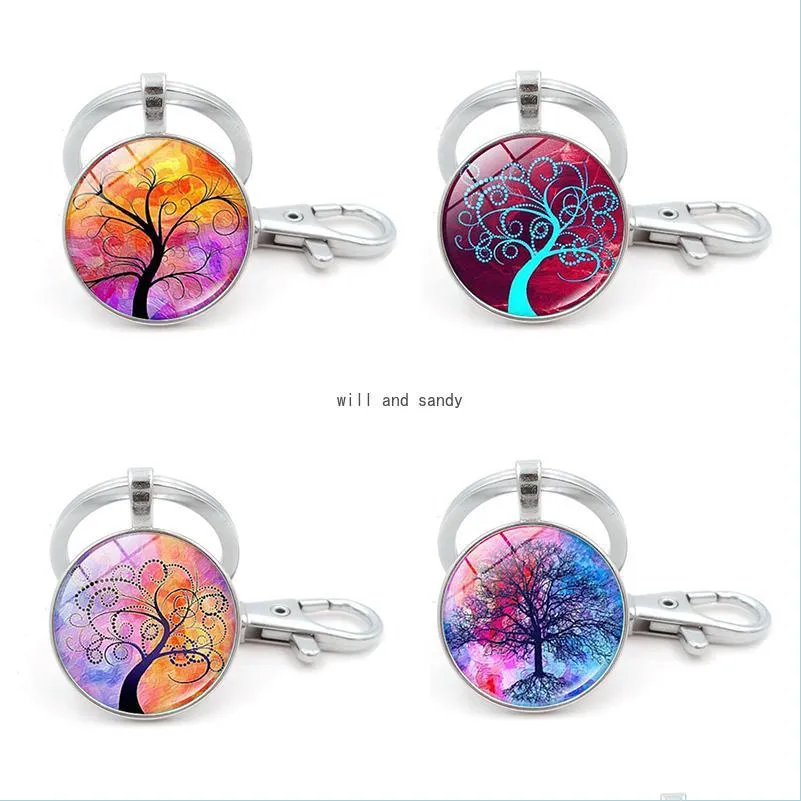 Nyckelringar Tree of Life Glass Cabochon Key Ring Time Gem Keychain Hanging Fashion Jewelry Drop Delivery DHSQ3
