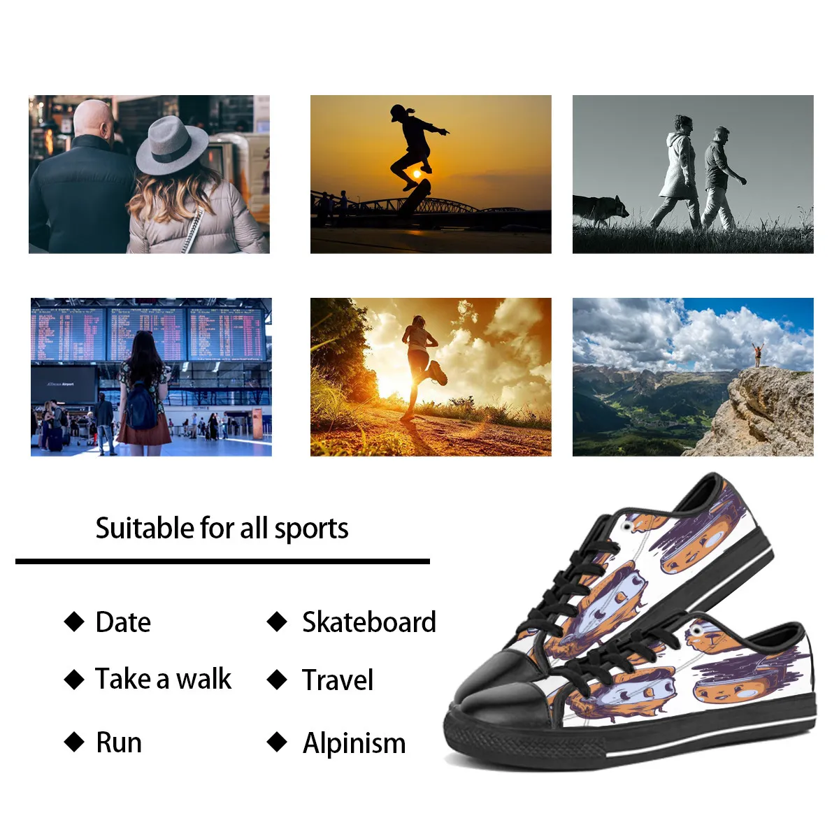 Sapatos personalizados Classic Canvas Cut Skateboard Triple Black Aceitar Customização Impressão UV Low Mens Womens Sports Sports Breathable Color619