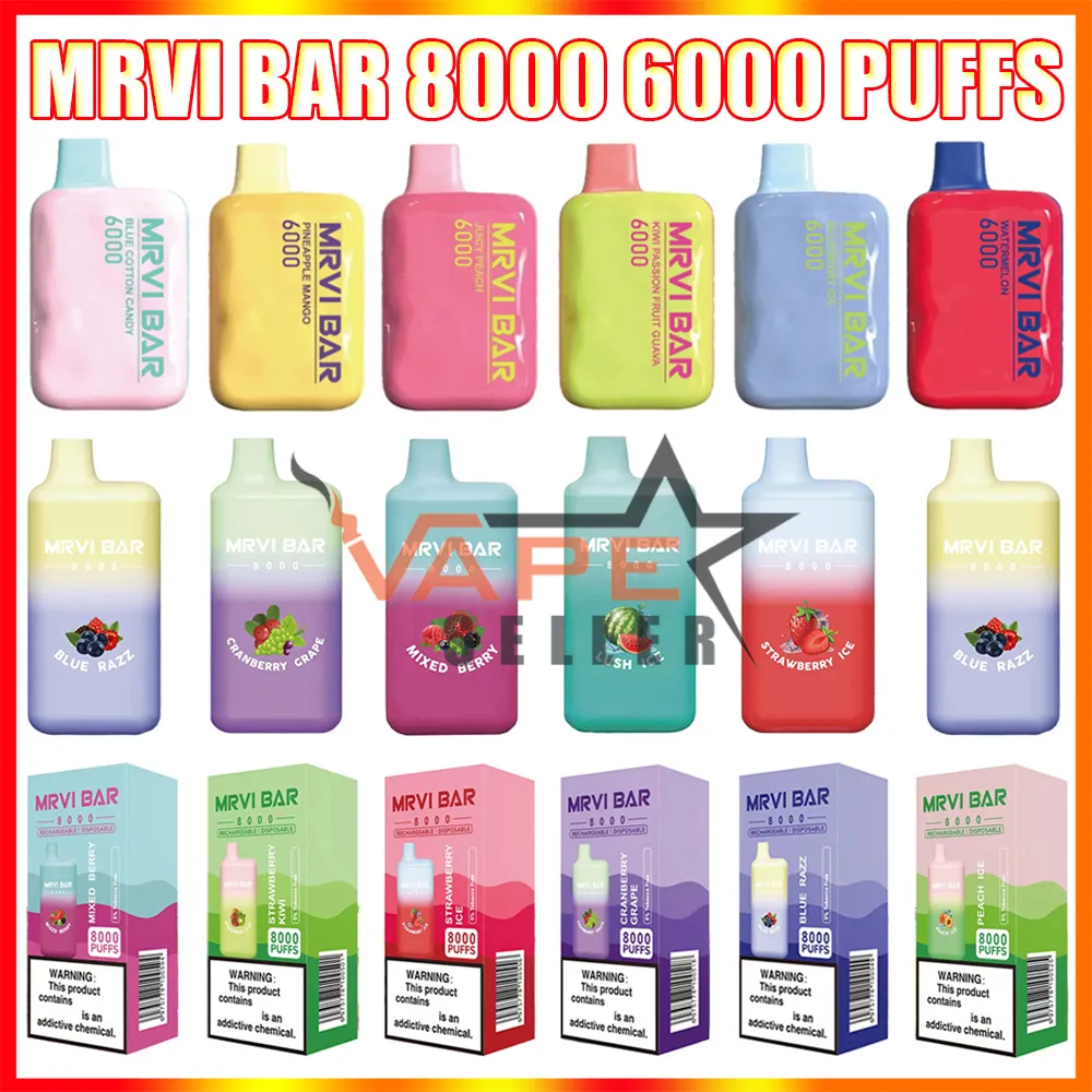 Оригинальный Mrvi Bar 8000 6000 затяжек Одноразовая электронная сигарета Vape Pen с перезаряжаемой батареей 650 мАч Предварительно заполненная 15 мл 13 мл стручки Big Vapor Puff Elf Box