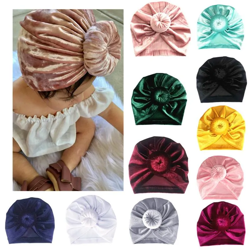 Newborn Baby Kids Boys Girls Soft Turban Cap Beanie Solid Knot Head Wrap Hats Golden Velvet Beanis Baby Gifts