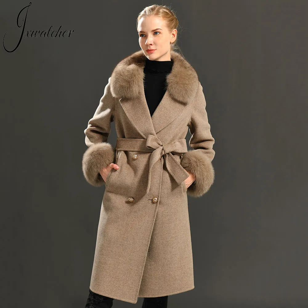 Femmes laine mélanges cachemire manteau printemps véritable col de fourrure en Trench veste hiver taille réglable mince dames Long pardessus 221117