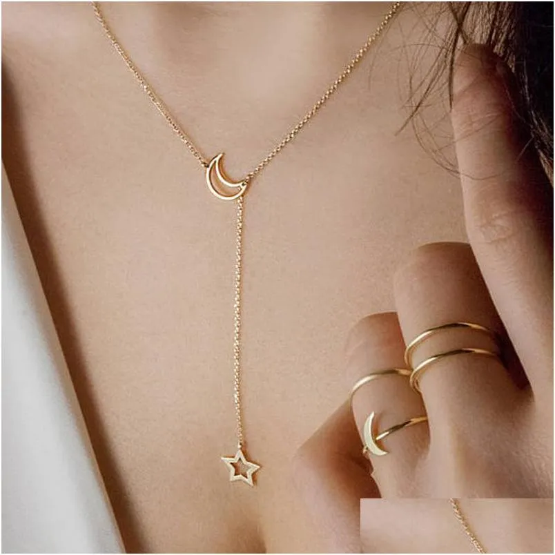 Pendant Necklaces Star Moon Pendant Necklace Jewelry For Women Girls Gold Sier Fashion Trends Brand Charms Lobster Clasp Link Chain Dhzxa