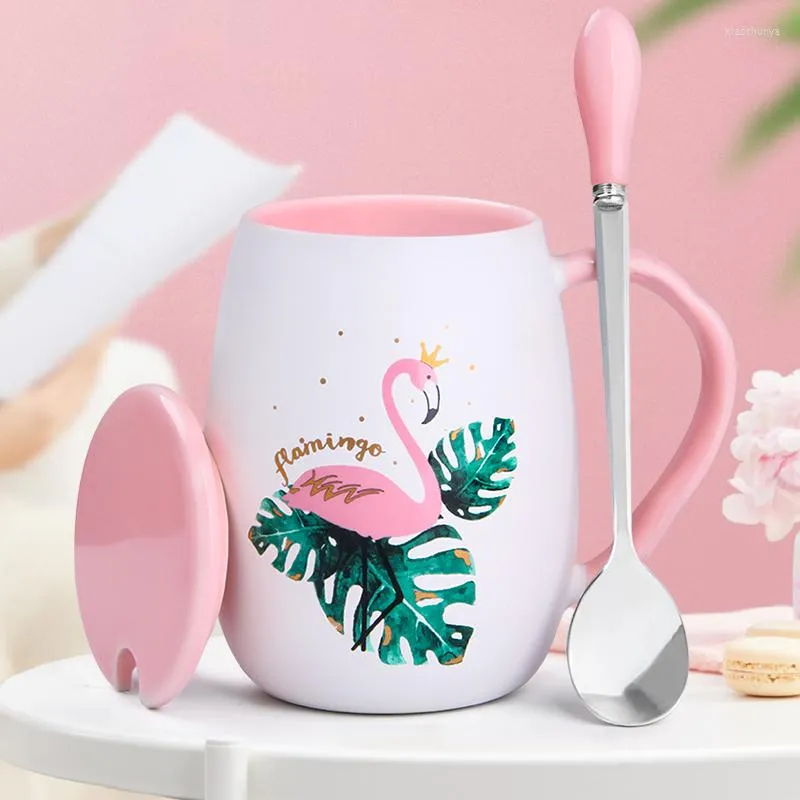 Tassen Kreative Persönlichkeit Flamingo Keramik Tasse Becher Mit Deckel Löffel Nettes Mädchen Wasser Studenten Hause Tee Kaffee