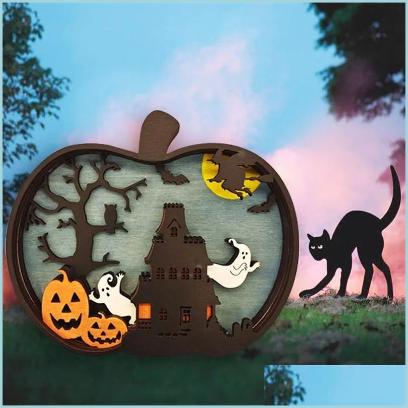 Decorazione per feste Halloween Decorazione per feste lampada in legno Pumpkin Creative Lighting POPS PROPS Desktop Ornament decor autunno mticolor crea dhzsn