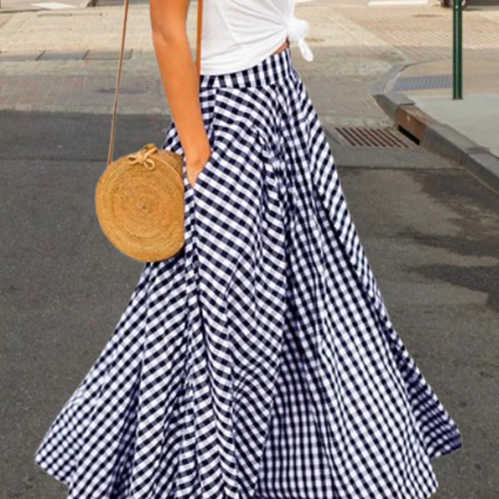 Rokken plaid voor vrouwen hoge taille maxi rok zomer lange plooien gedrapeerde A-line faldas largas 221117