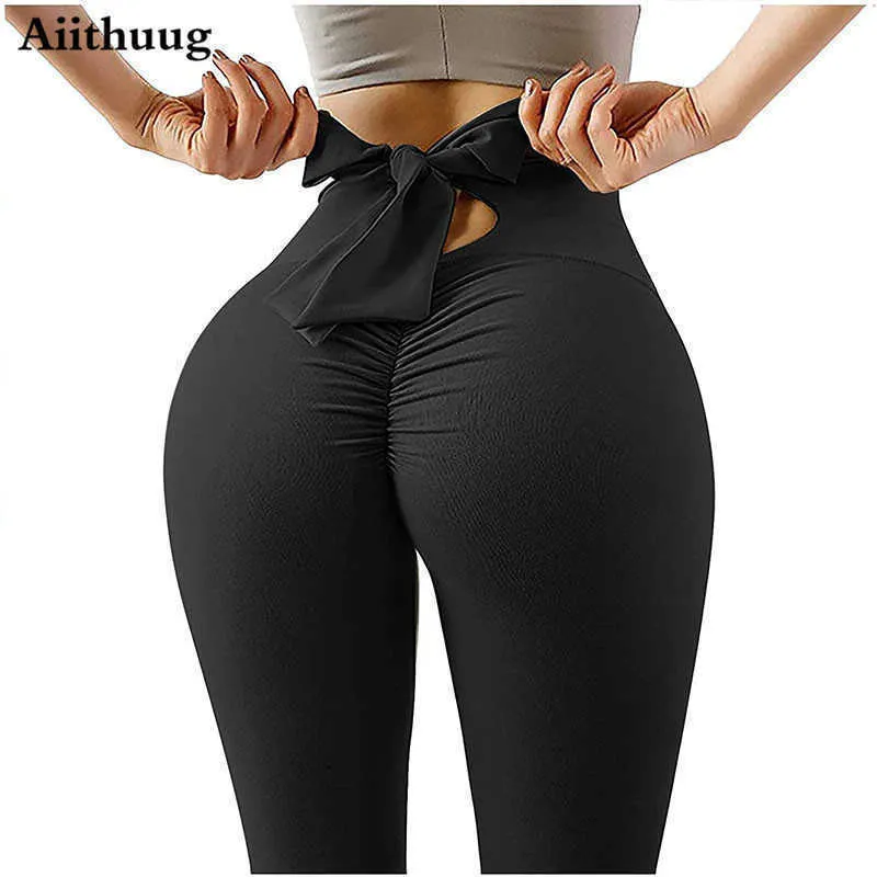 Yoga Outfits Aiithuug Womens Butt Lift High Waisted Yoga Pants Tummy Control Bow-Knot Tie Workout Leggings Sport Tights Running Leggings T220930