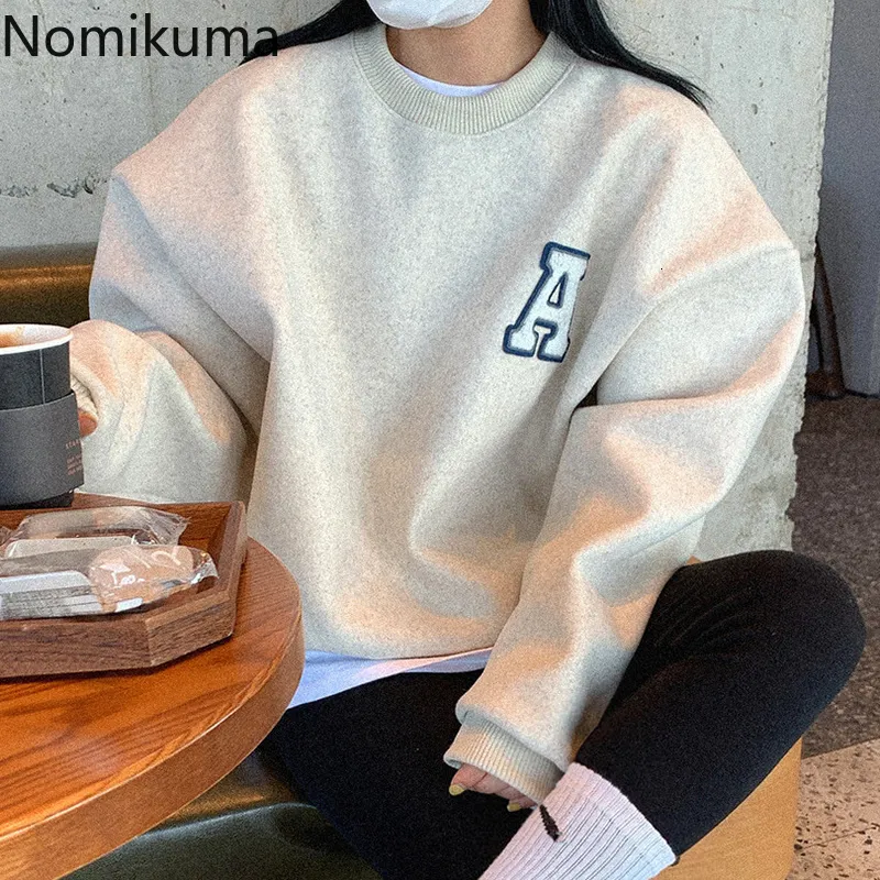 Damen Hoodies Sweatshirts Nomikuma Causal Letter Fleece verdicken Pullover Sweatshirt Korean Herbst Winter Frauen Langarm Top Pullover 6D611 221117