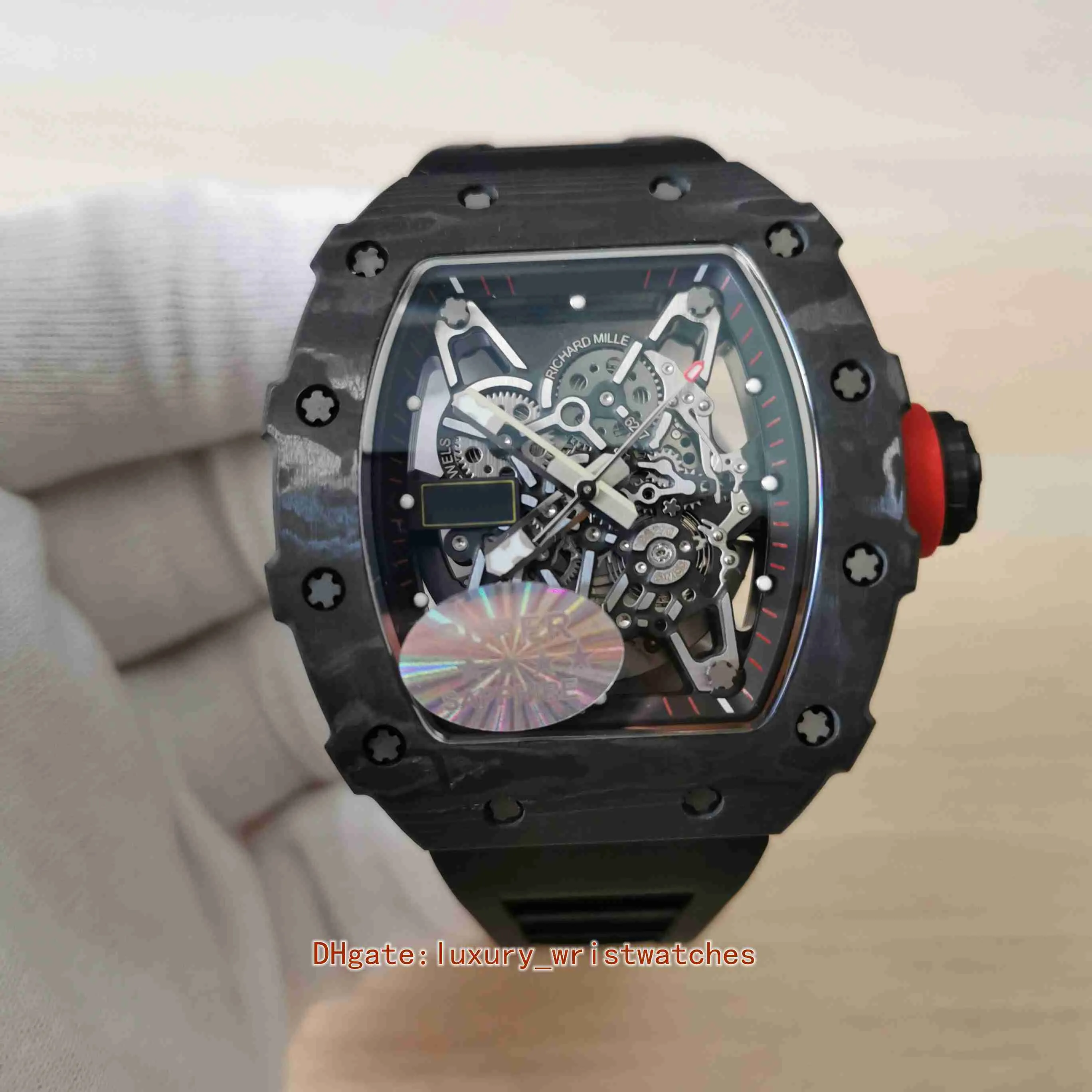 Super męskie zegarki 44 mm x 50 mm RM35-02 NTPT Włókno węglowe Luminova zegarki czarne gumki Sapphire Transparent Rmal1 Mechanical Automatyczne zegarek