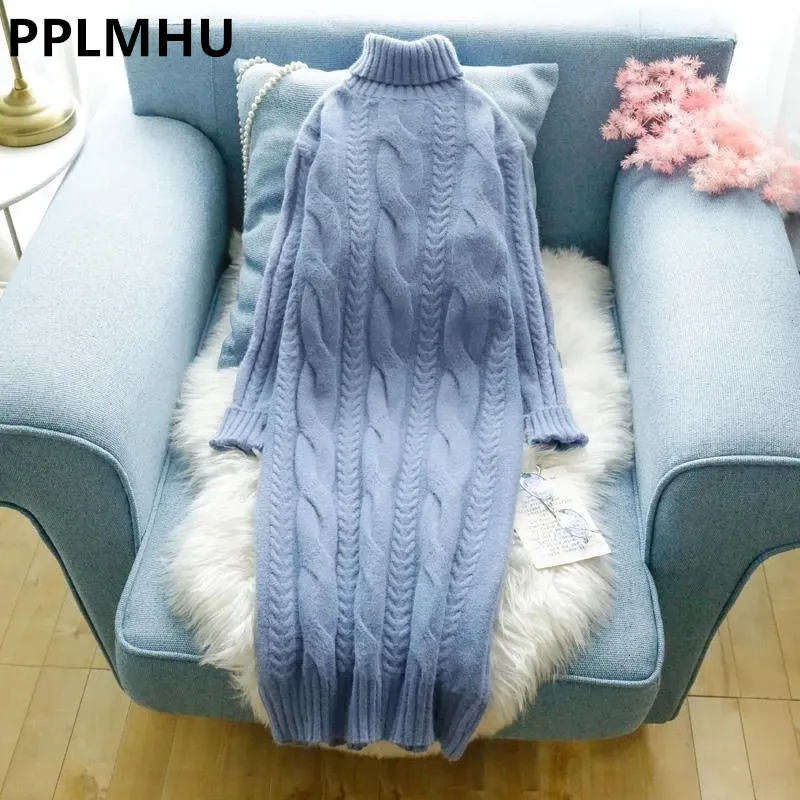 Casual Dresses Winter Turtleneck Twist Knitting Women Warm Candy Color Rib Knited Pullover Dress Elegant Chic Solid tr￶ja 221117