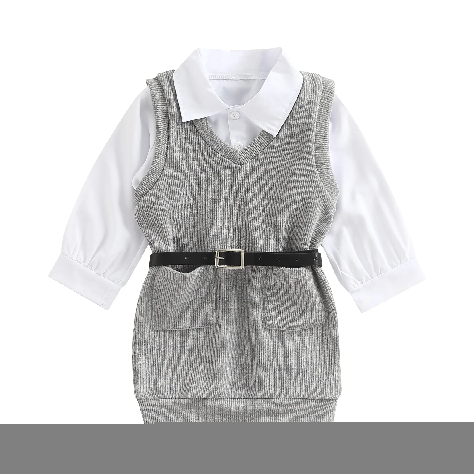Conjuntos de ropa para niños pequeños, bebés, niñas, traje de otoño, camisa blanca con botones de manga larga, vestido de punto sin mangas gris con cinturón 2 7T 221118