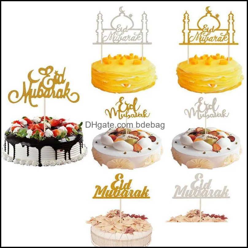 Other Event Party Supplies Festives Decoration Paper Ramadan Moon Muslim Glitter Mubarak 1Pcs Eid Cake Topper Cupcake Flags Islami Dhskm