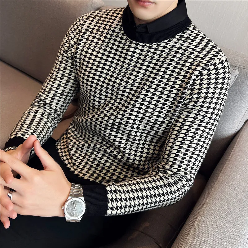 Men's Sweaters Brand Clothing Men Winter Thermal Knitting SweaterMale Slim Fit High Quality Shirt Collar Fake two Piece Pullover Sweatres 221117