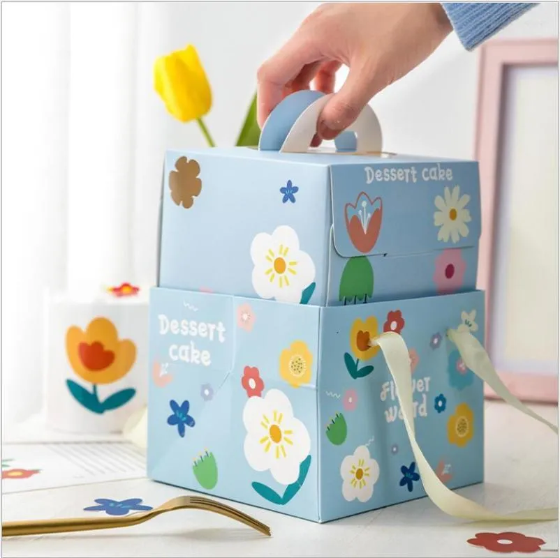 Gift Wrap 10pcs 4/8 Inch Hollow Flower Cake Paper Box With Handle Birthday Party Baby Shower Celebrate Handmade Packaging Decoration