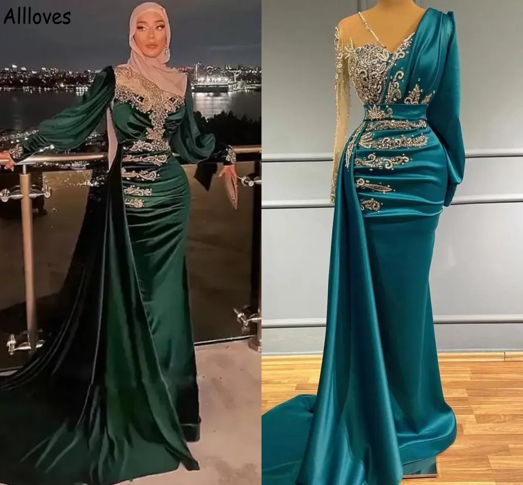 Kaftan Dubai Arabic Hijab Muslim Prom Dresses Dard Green Satin Ruched Rhinestones Pearls Beaded Formance Omsing Yevening Gowns with Peplum Women Vestidos CL1468