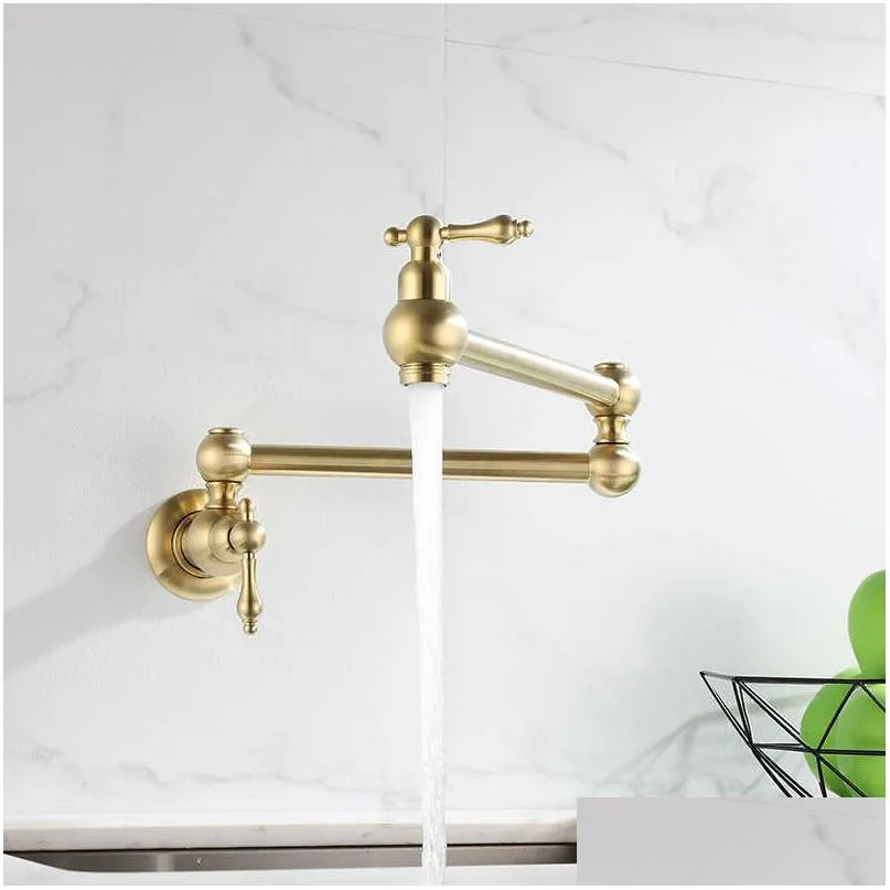 Kitchen Faucets Tuqiu Pot Filler Tap Wall Mounted Foldable Brushed Gold Kitchen Faucet Single Cold Sink Rotate Folding Spout Chrome Dhrpe
