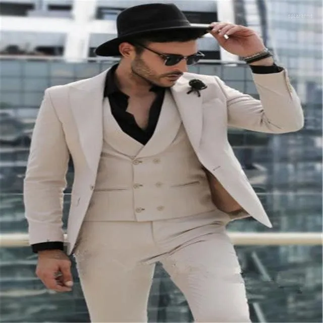 Men's Suits 2022 Khaki Groom Tuxedos For Wedding Smoking Man Suit 3 Piece Mens Set Jacket Pants Vest Male Costumes Terno Masculino