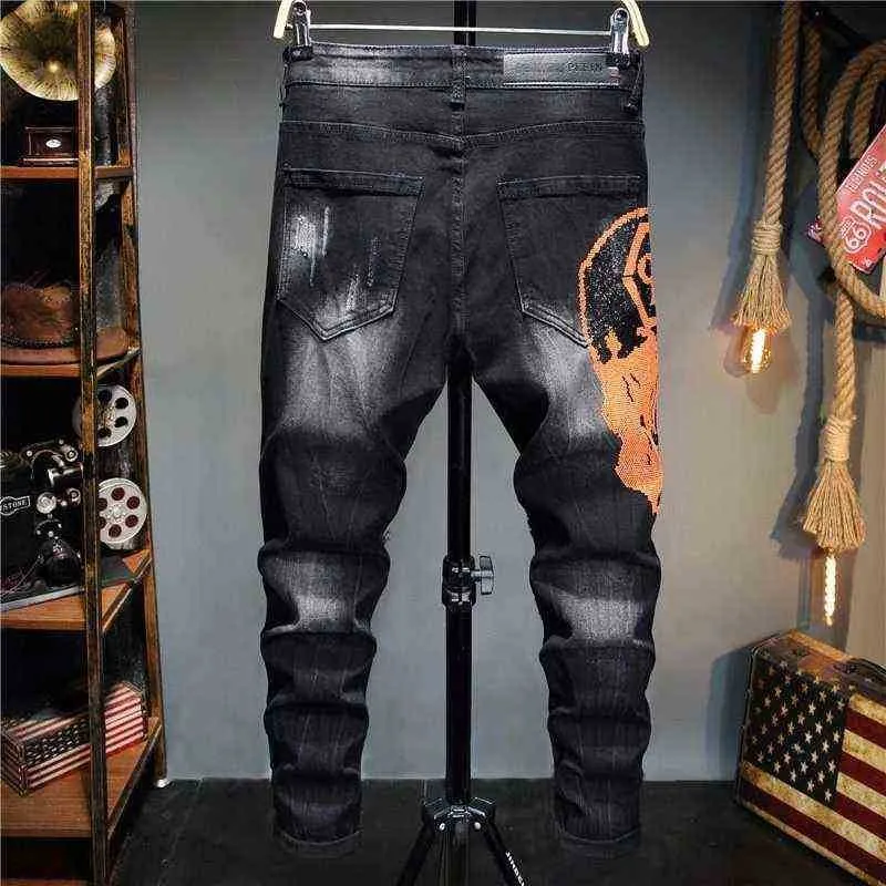 European Style Men plein Brand Jeans Mens Slim Denim Trousers Black Jeans Straight Skulls Biker Hole Black Jeans Pants for Men X22239d