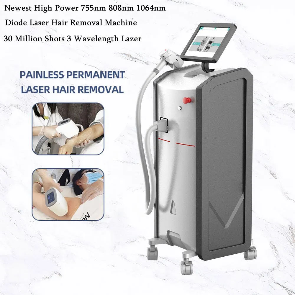 High Power Diode Laser Hair Removal Machine 755nm 808nm 1064nm 30 miljoner skott 3 v￥gl￤ngd lazer f￶r hudf￶ryngring sk￶nhetssalongutrustning