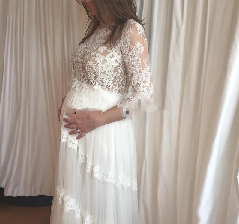 Suknia ślubna Kobiety w ciąży szyfonowe suknie ślubne w dekolcie z długim rękawem długość podłogi koronkowe aplikacje białe grzbiet