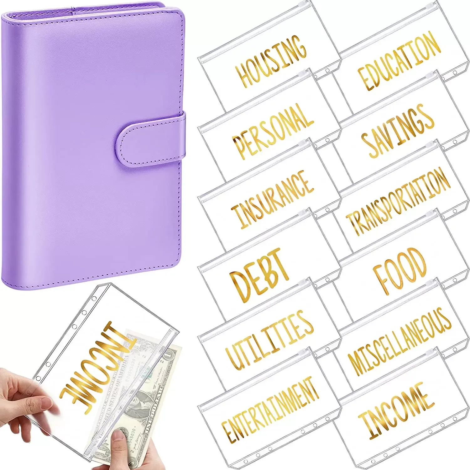 A6 PU Leather Binder Budget Cash Envelope Organizer Personal Wallet ,12 Binder Pockets Zipper Folders for Planner Saving Money 0224