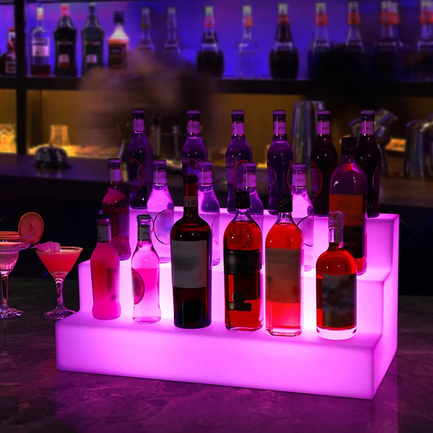Tisch-Weinregale, wiederaufladbar, LED, bunt, 3 Ebenen, Bar-Flaschenhalter, Regal, 4 Blitzmodi, kreativer Rack-Ausstellungsständer mit Fernbedienung 221118