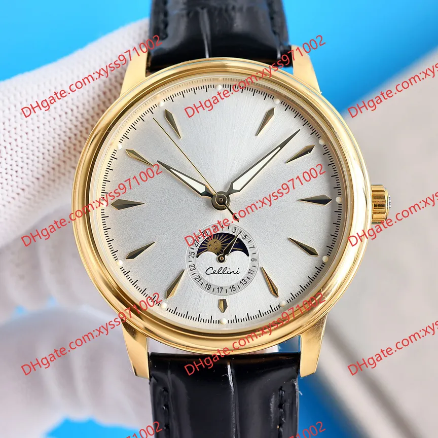 Srebrny męski zegarek Księżycowy Wyświetlacz Faza M50505 Luksusowe czarne zegarki 40 mm Tial 316L Case Black Leather Pasp ETA2824-2 Moda FashionWatch 116610