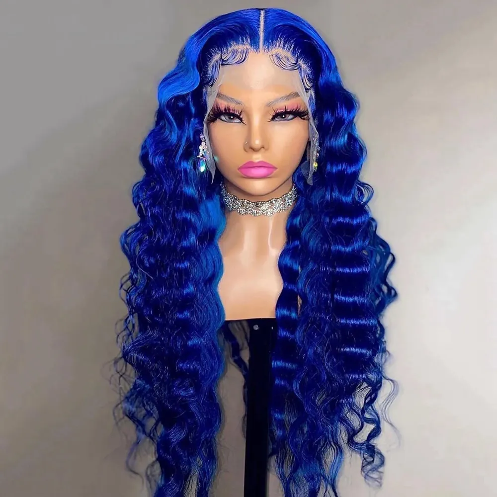 Peluca con malla frontal de color azul largo de 30 '' y 180 de densidad, cabello humano para mujer, peluca Frontal de encaje sintético de onda profunda