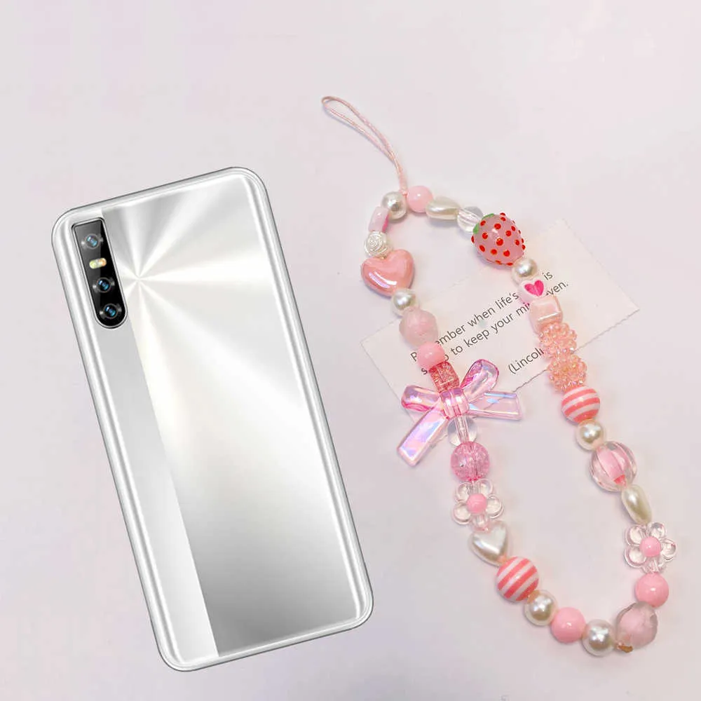 1PC Strapy z telefonu komórkowym Uroks Fashion Truskawki słodki romantyczny styl miłosny geometria z koralikami bransoletka mobilna łańcuch mobilna różowa biżuteria