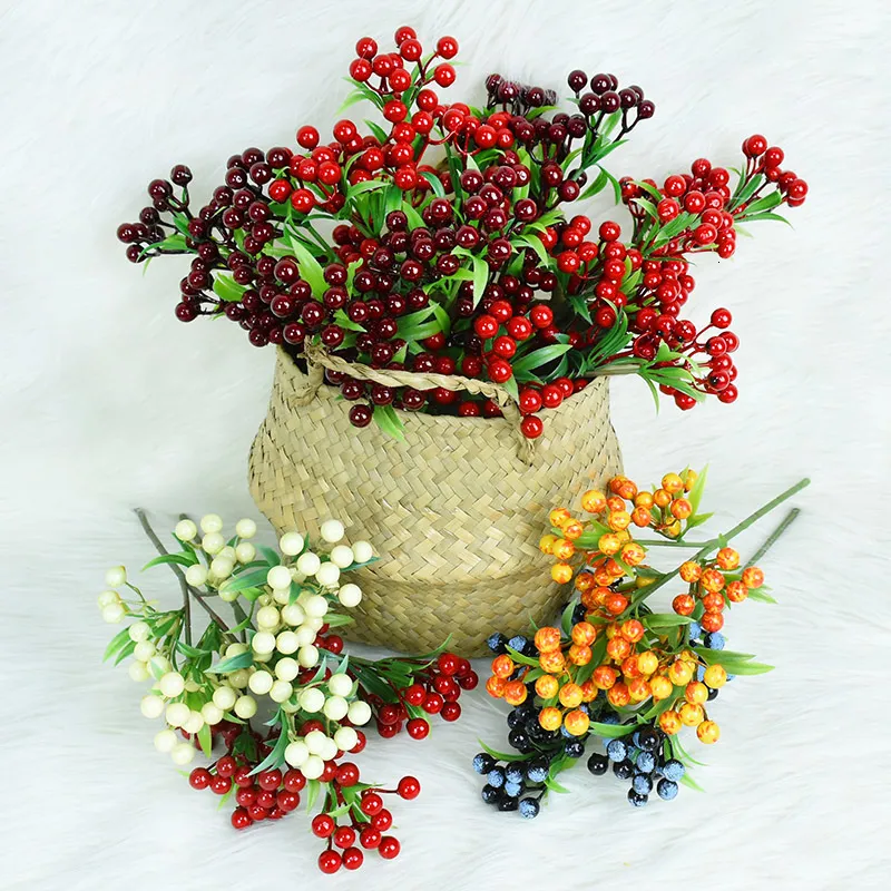 1bouquet 7 Branches Red Artificial Berry Flowers Fake Cherry Stamen Berries Bundle For Christmas Home Decor DIY New Year Wreath