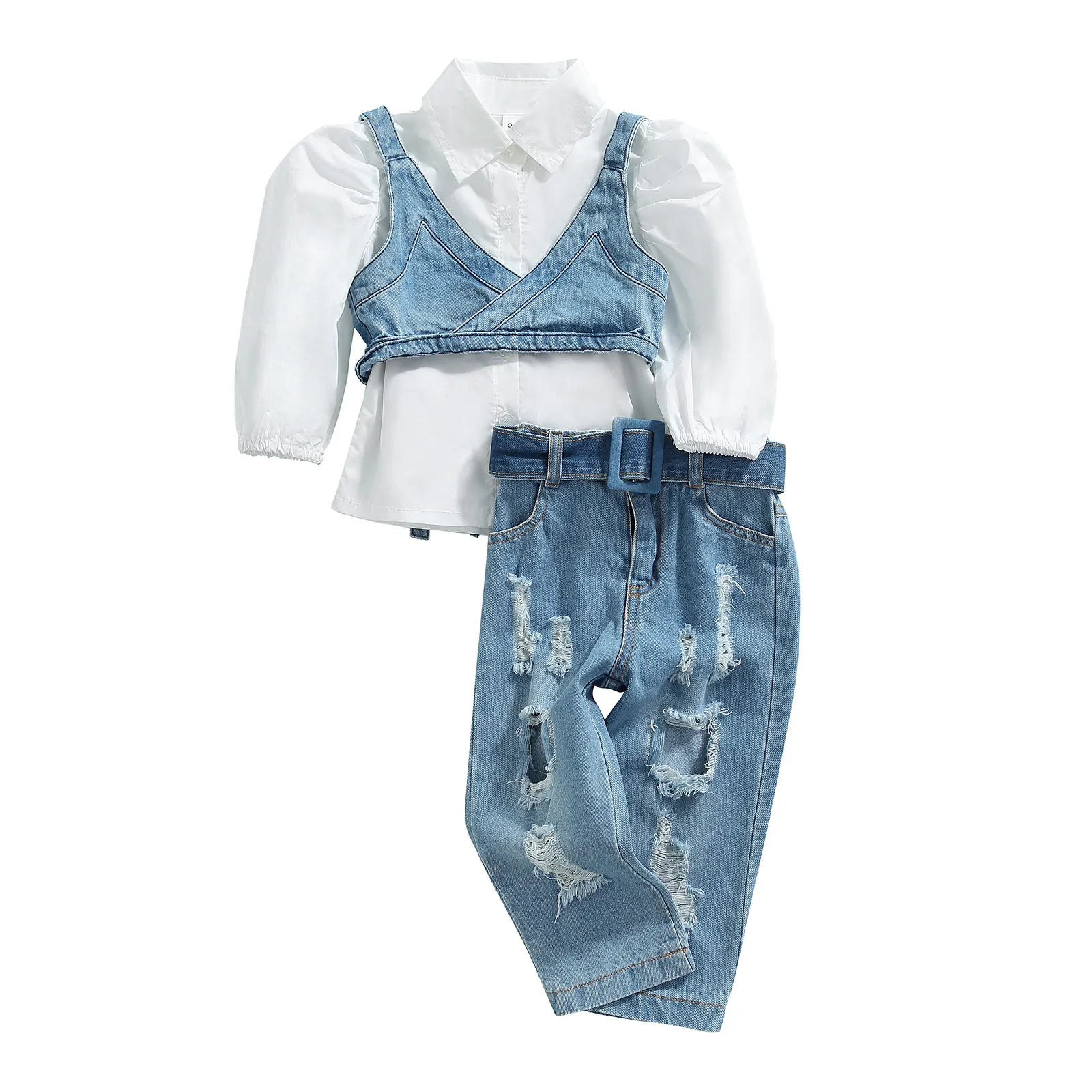 Set di abbigliamento Neonato Bambini Neonate Casual Tre pezzi Set di vestiti Tinta unita Camicia a maniche lunghe con scollo a V Gilet e jeans Fori rotti 1 6T 221118