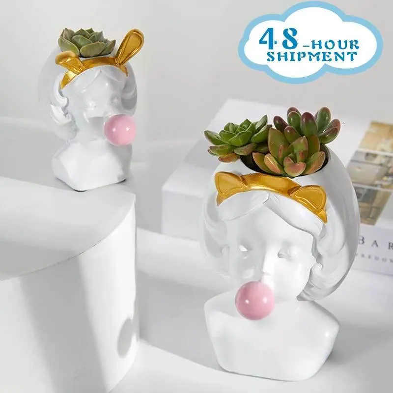 Вазы Kawaii Home Decor Nordic смола милая девочка Human Head Bubble Gum Pert Pot Modern Art украшение творчества 221118