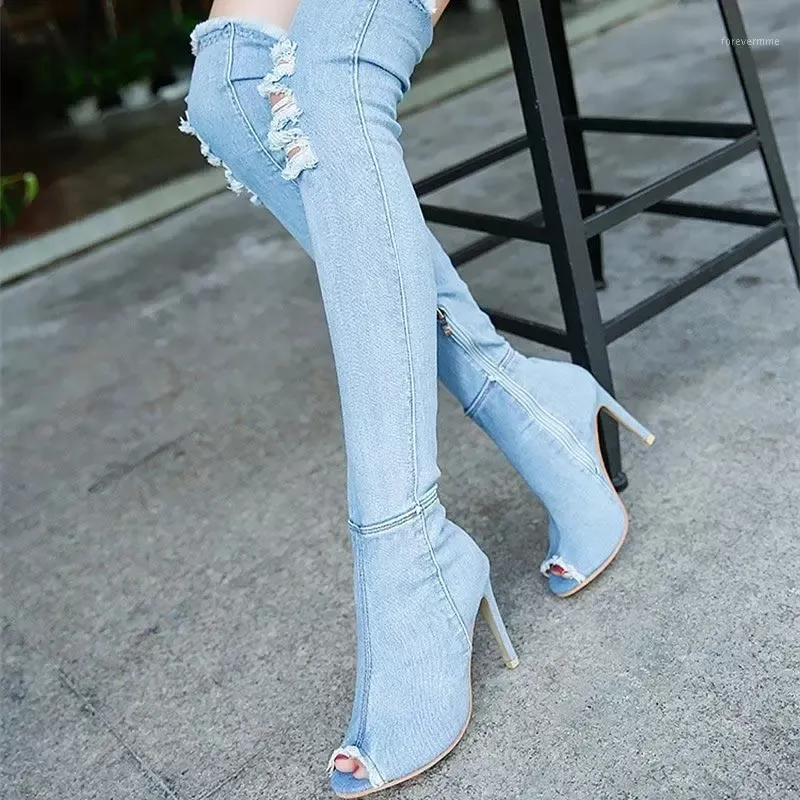 Stiefel Frauen Pumpen Qualität Denim Knie High Heel Mode Sexy Offene Socke Hüfte Reißverschluss Seite Winter Schuhe