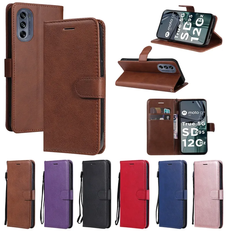 Plain PU Leather Wallet Cases For Motorola Moto E22 X30 Pro 5G G62 G42 Edge 30 E32 G52 G22 G200 G51 G71 Flip Cover Credit ID Card Slot Business Mobile Phone Pouch Strap