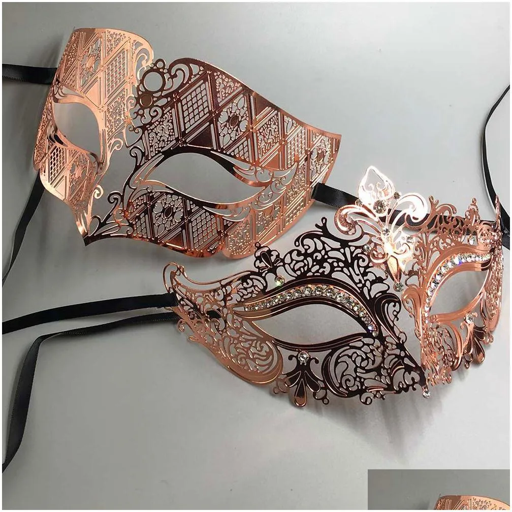 rose gold women men couple pair lover made of light metal laser cut filigree venetian mardi gras masquerade ball prom masks set