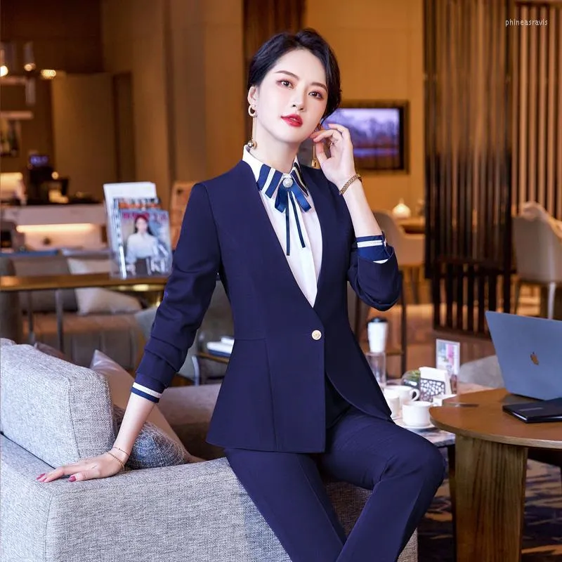 Womens Two Piece Pants Formal Ladies Blazer Women Pant Suits Business Work  Jacket Office Uniform OL Style Pantsuits Navy Blue From Phineasravis,  $32.87