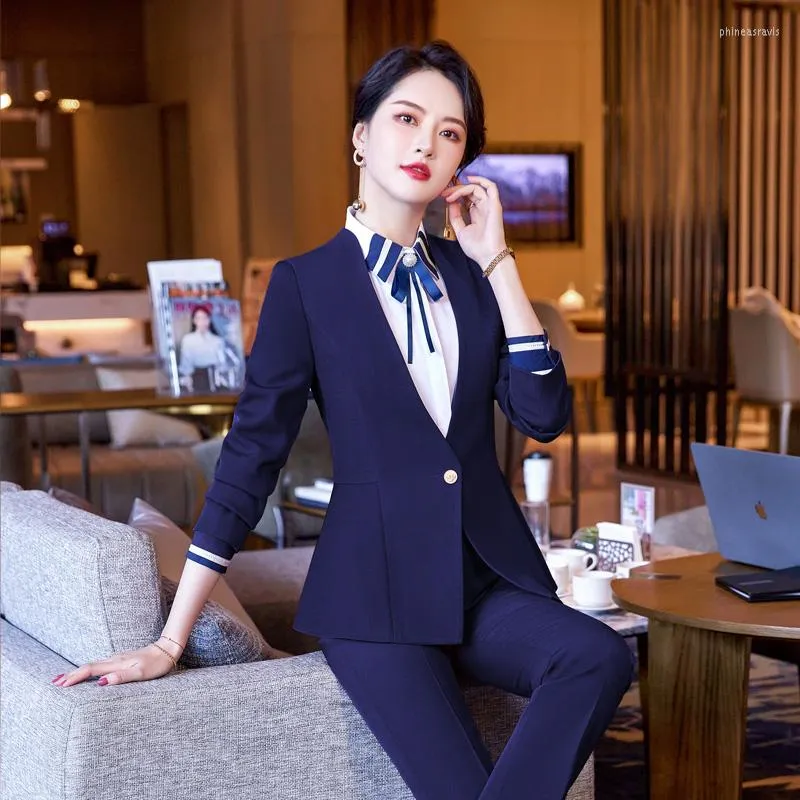 Women's Two Piece Pants Formal Ladies Blazer Women Pant Suits Business Work Jacket Office Uniform OL Style Pantsuits Navy Blue