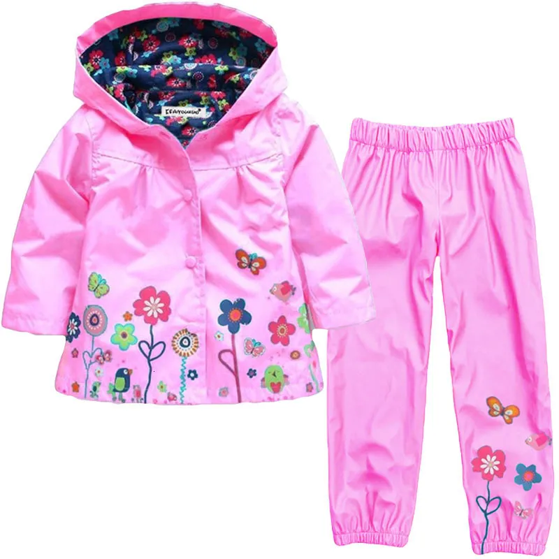 Conjuntos de roupas Meninas da primavera Conjunto de flores Roupas de capa de chuva à prova d'água Capeled calça 2pcs Terno casual Crianças 221118