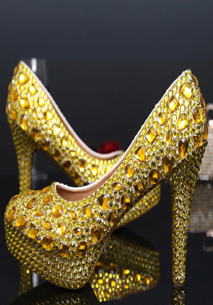 Rhinestone Women Party Prom High Heels Gold Color Fashion Banquet Dress Shoes Pageant Event Shoes 10cm Wedding Bridal Shoes6112377
