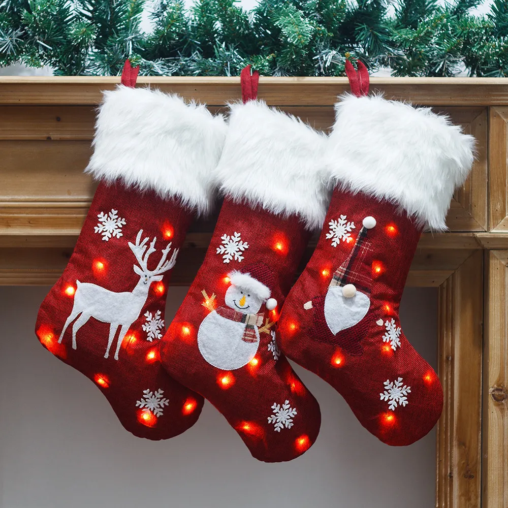 Merry Christmas Socks With LED Lights Snowman Elk Christmas Tree Snowflakes Stocking Xmas Tree Hanging Ornament Navidad New Year