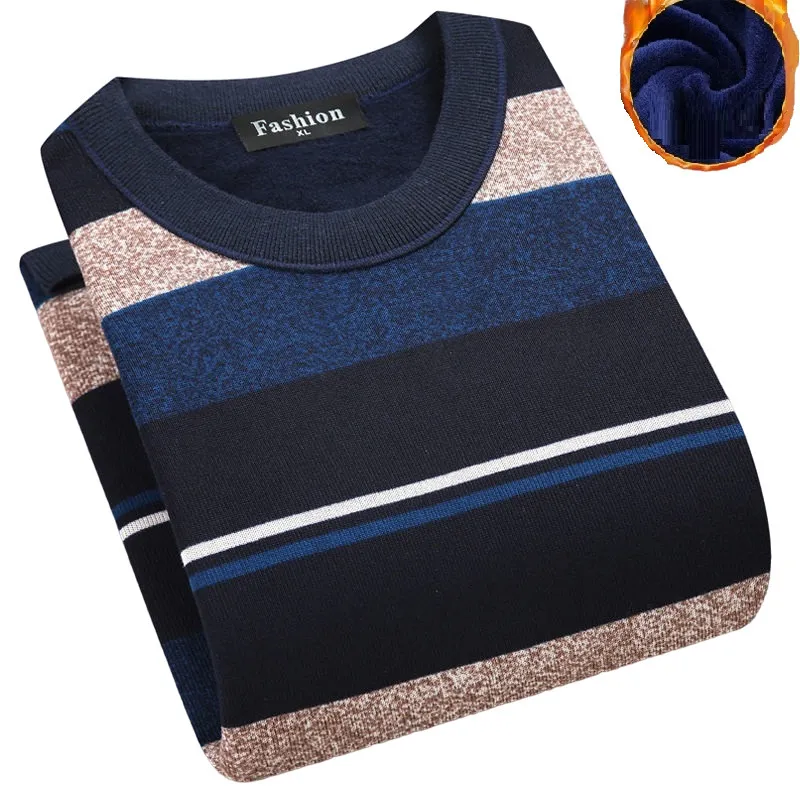 Erkek Sweaters Sweater Kış İnce Polar O-boyun termal giysiler örme şerit ince fit kazak çekme homme 221117