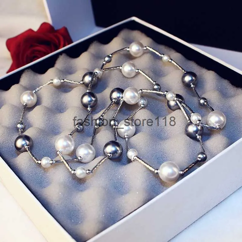 designer jewelry luxury women necklace gray white pearl necklace with flowers double sweater chains elegant long necklaces for gir214G