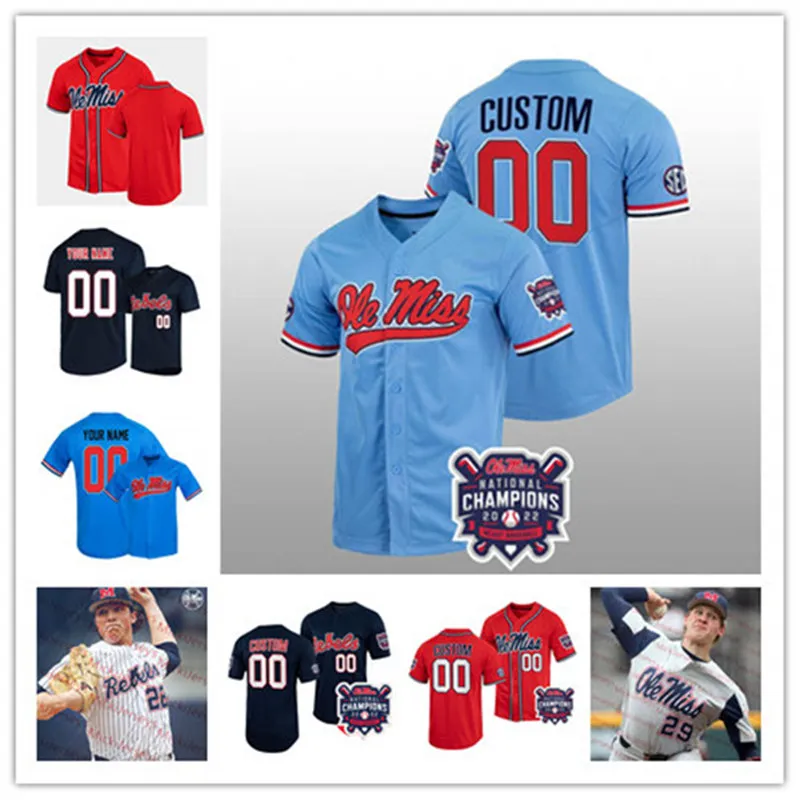 Personalizado Ole Miss Rebels 2022 Campeões Camisas de Beisebol Jacob Gonzalez Dylan DeLucia Hayden Dunhurst Peyton Chatagnier Rebels Jersey