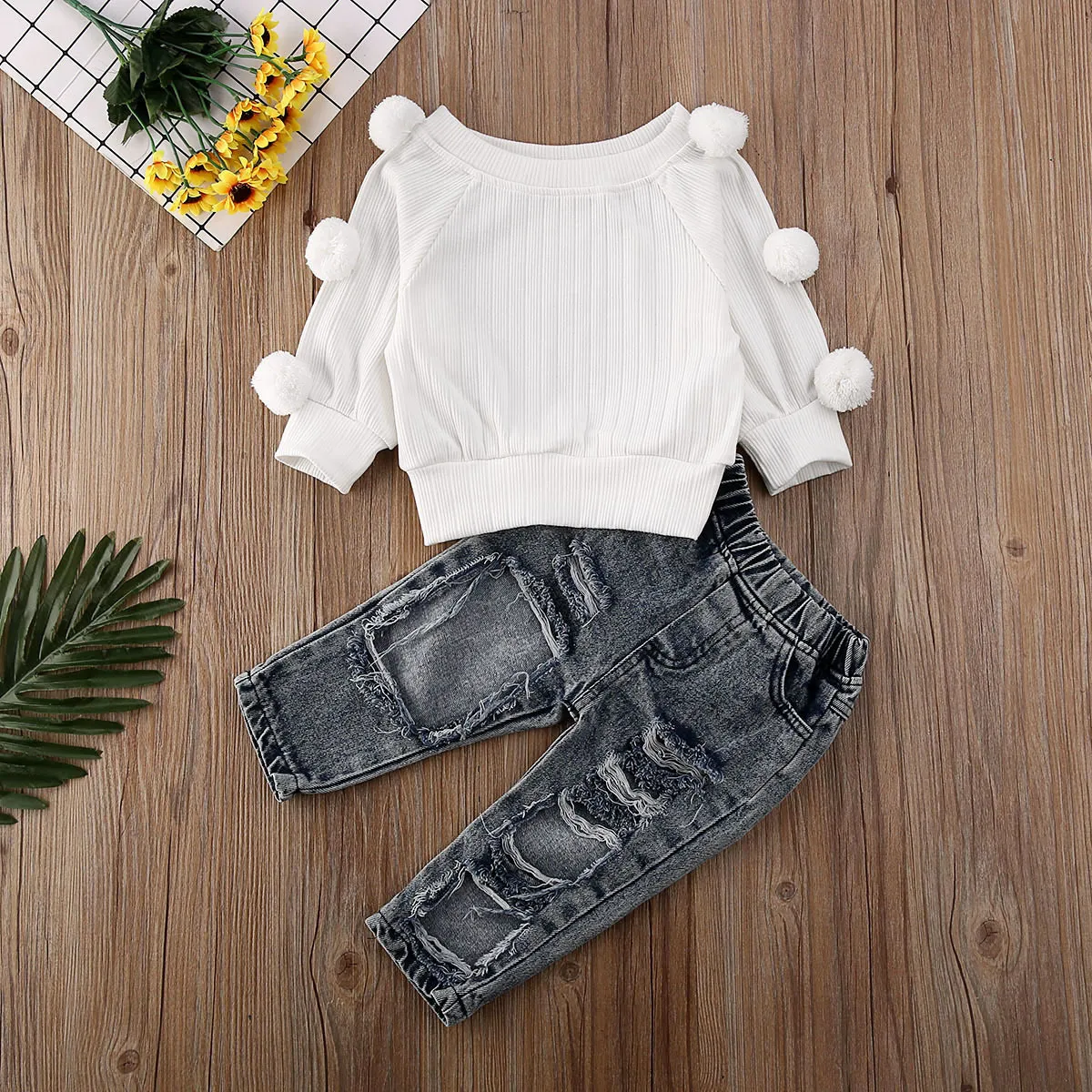 Set di abbigliamento 1 5Y Bambini Ragazze Autunno Vestiti Set Bambino Manica lunga Pullover Top Maglioni Maglieria Jeans strappati Pantaloni jeans Completi per bambini 221118