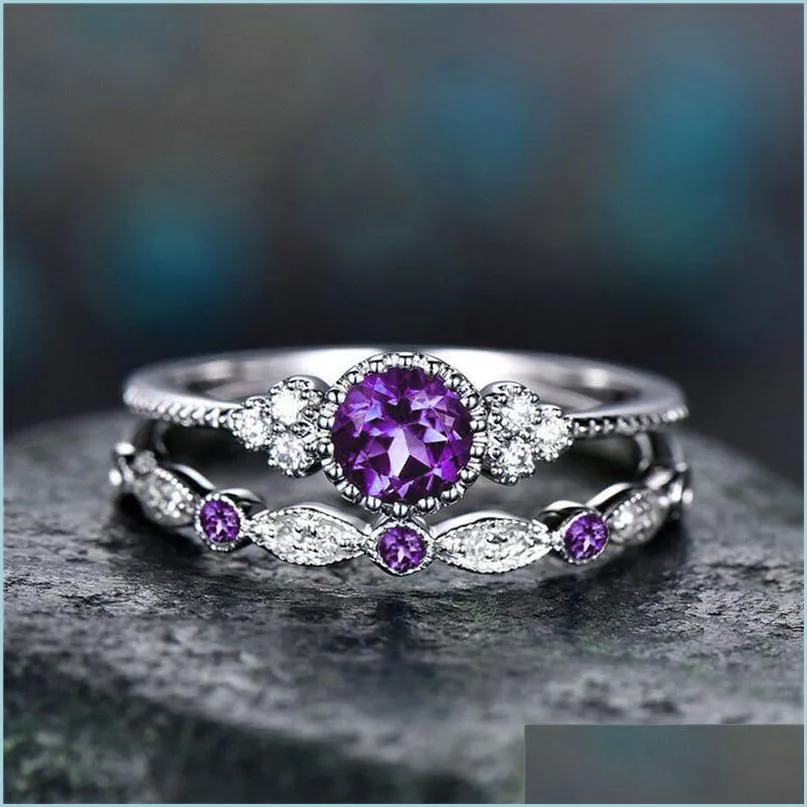 Solitaire Ring Birthday Stone Cubic Zircon Ring Diamond Jewelry Set Couple Engagement Wedding Rings Women Fashion Drop Delivery Dhchm