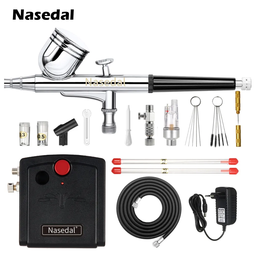 Spray Guns Nasedal NT-19 Dual-Action Airbrush Compressor Kit 0,3 mm pistool voor nagelmodel Cake Auto Visschoenen schilderen 221118