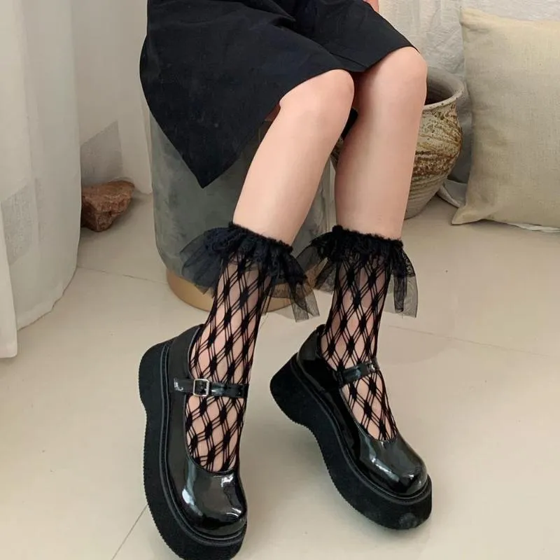 Mulheres meias moda renda preta lolia curta curta transparente fino jk gilrs streetwear calcetines vestido mujer